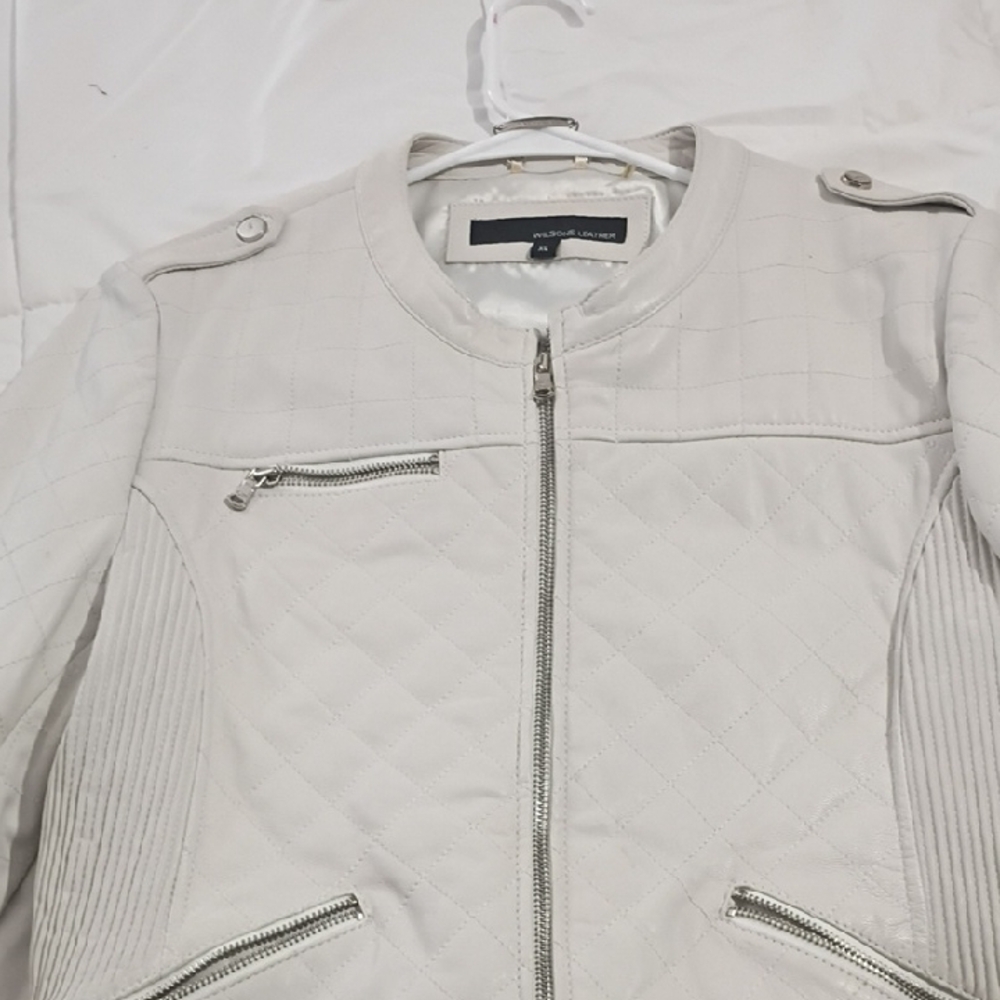 Wilsons Leather White Bomber Jacket with Ribbed Panels